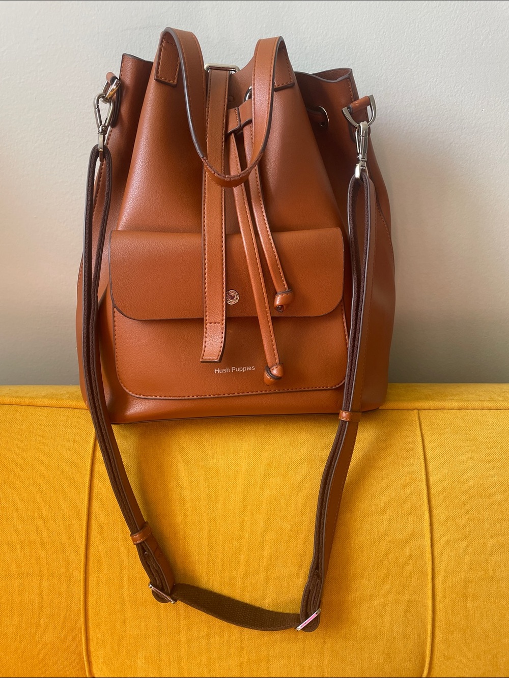 Hush Puppies Brown Faux Leather Drawstring Bucket Bag with Front Pocket